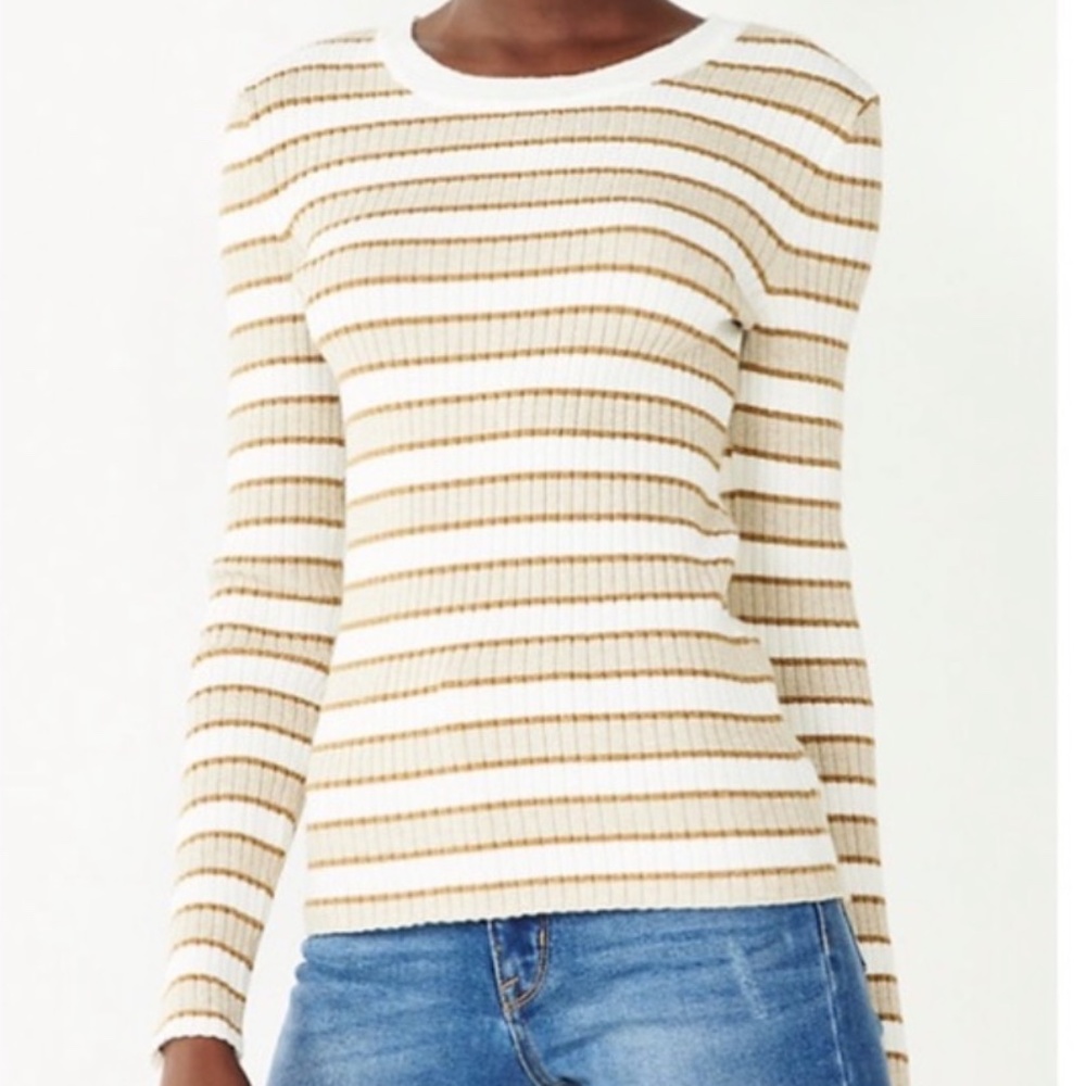 Nine West Glitter Cream and Tan Striped Sweater in Extra Large (XL)